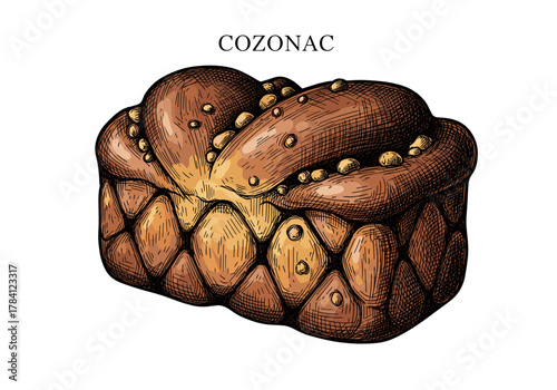 Traditional Romanian Cozonac bread illustration for bakery branding or a holiday recipe card