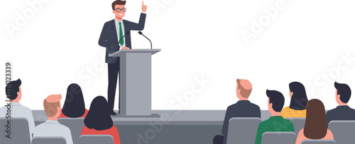 Businessman speaking at podium, public speech event, leadership presentation, formal conference, audience engagement, corporate seminar, professional communication, keynote speaker
