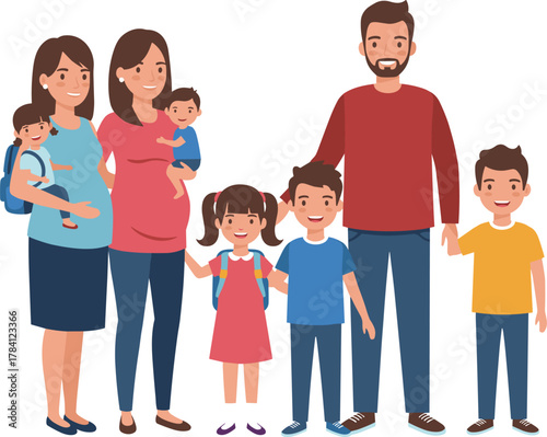 Cartoon family illustration, diverse members, parenting concept, school kids with backpacks, pregnant woman, toddler care, happy lifestyle, modern family scene