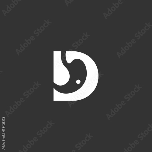 A stylized letter D with yin yang symbol inside on a dark background viewed straight
