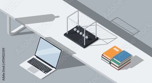Newton cradle on a desk with a laptop, an isometric illustration for science or business concepts