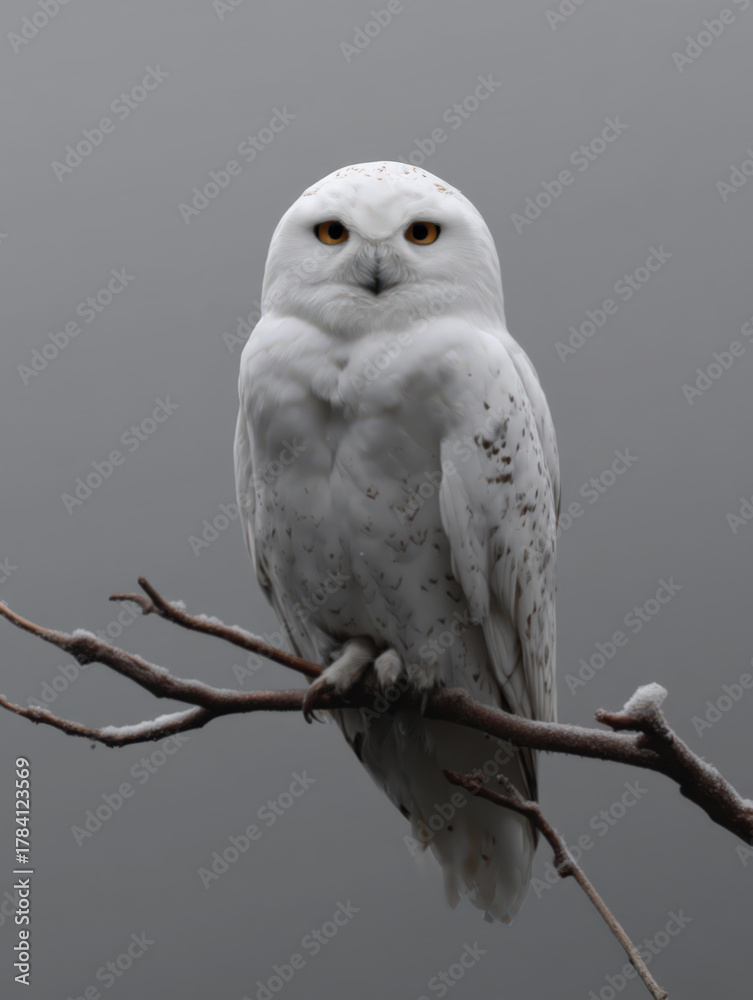 Obraz premium A white snowy owl sitting on the top of a branch, against a grey background