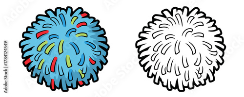 Vector illustration set of a single round, fuzzy blue pom pom with colored pieces of yarn, shown in both color and outline versions on a white background