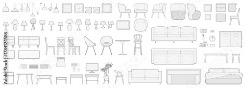 Furniture outline front and top view architectural designs. Set of isolated linear interior icons. Vector elements for apartments, living room, bedroom, kitchen, bathroom.	