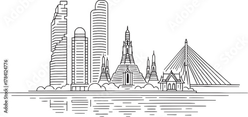 Bangkok City with temple in Linear Vector