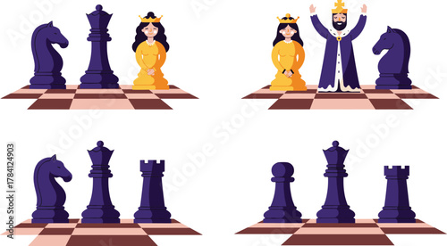 Chessboard scene with cartoon royalty, queen and king characters, knight, rook, bishop, pawn, symbolic pieces, educational, playful, fantasy, strategy