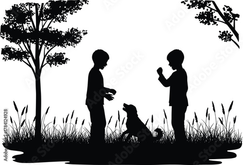 Children, dog, silhouette, outdoor, nature, park, friendship, playtime, trees, grass, bonding, pet, interaction, countryside, peaceful, summer, childhood, gesture, sitting, foliage