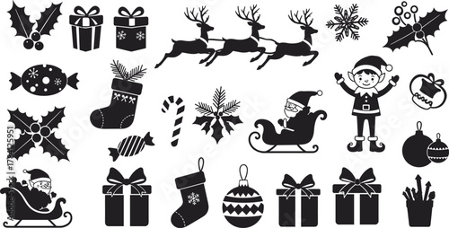 Christmas icons, holiday silhouette set, festive vector elements, Santa sleigh, reindeer, snowflakes, gifts, elf, ornaments, pine branches, candy, mittens