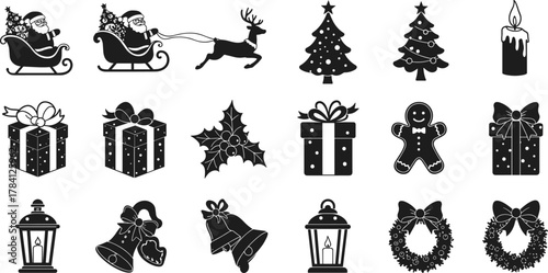 Christmas icons, holiday symbols, festive silhouette set, Santa sleigh, gift boxes, Christmas tree, wreath, bells, gingerbread, candle, holly