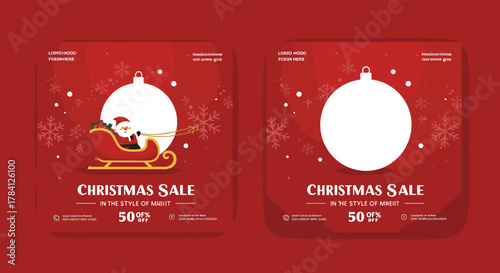 Christmas sale template, red festive background, Santa sleigh illustration, snowflake ornament design, holiday discount flyer, seasonal marketing banner, mockup