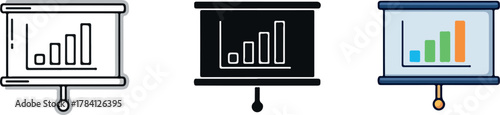 Presentation screen with bar chart icon set in different styles.