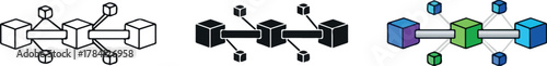 Set of blockchain technology icons with connected blocks in outline solid and color styles.