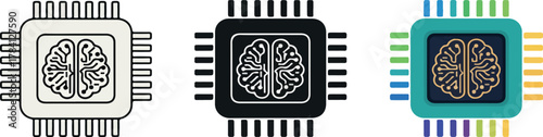 Set of three artificial intelligence icons with brain on a CPU chip.