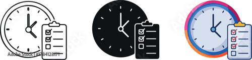 Time management icon set with clock and checklist clipboard.