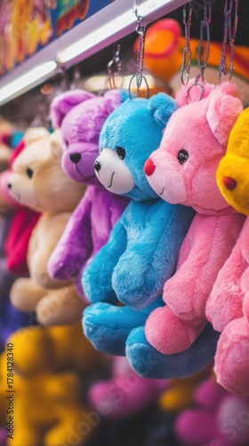 A row of hanging plush toys at a carnival game booth, vibrant textures and colors, clean and professional composition, copy space, natural color, minimalism, stock photography