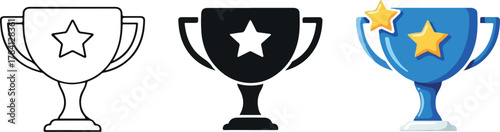 Trophy cup icon set in different styles line art silhouette and color.