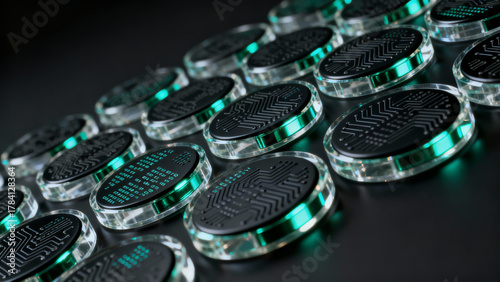 Futuristic digital cryptocurrency coins with circuit patterns, glowing in teal light on a dark surface
