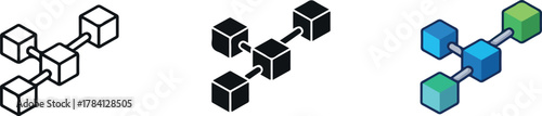 Blockchain technology icon set with line solid and color styles.