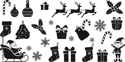 Christmas silhouette icons, festive holiday symbols, black and white vector, Santa sleigh, snowflakes, reindeer, candy cane, gift box, ornament, elf