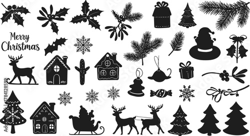 Christmas silhouette icons, festive holiday elements, Santa Claus, reindeer, snowflakes, gift boxes, ornaments, holly, mistletoe, trees, bells, candy