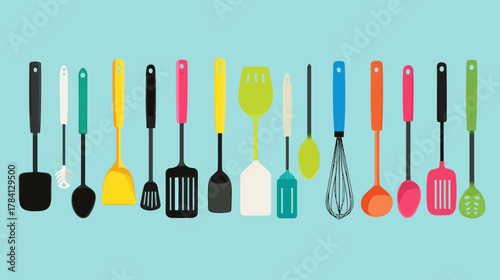 Colorful Cooking Utensils Vector Tools in a Minimal Kitchen Setting
