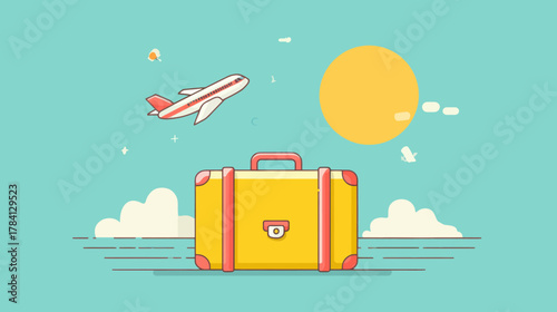 Colorful suitcase and airplane vector illustration for travel destination