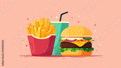 Colorful Vector Illustration of Burger and Fries in Minimalist Style