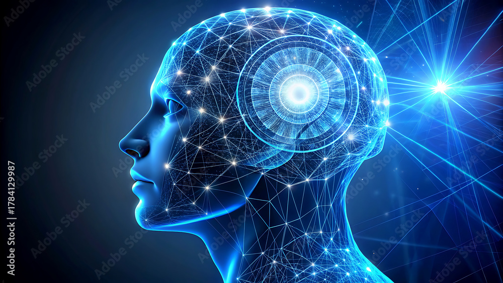 Obraz premium Artificial intelligence concept human head with digital brain futuristic technology illustration
