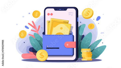 Smartphone showing mobile banking interface and ewallet transactions