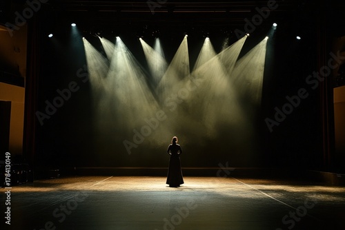 A solo opera singer rehearsing on an empty stage, dramatic spotlight and deep shadows, clean and professional composition, copy space, natural color, minimalism, stock photography