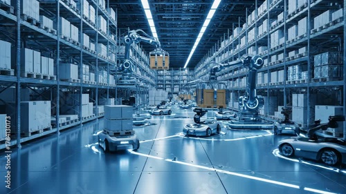 A futuristic warehouse scene with robotic arms lifting yellow boxes and selfdriving vehicles carrying stacked boxes illuminated by blue neon lights