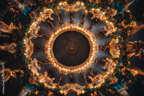 A top-down view of a carousel with ornate horses and golden lights at dusk, clean and professional composition, copy space, natural color, minimalism, stock photography