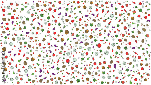Food background, vegetables Seamless hand-drawn pattern vector featuring scattered fruits, vegetables, seeds, and spices on a white background. Colorful, natural, and healthy food theme.