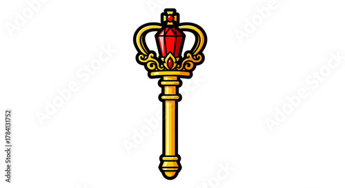 Vector illustration of a golden king's scepter with a red jewel, a majestic symbol of royalty, power, and authority isolated on a white background
