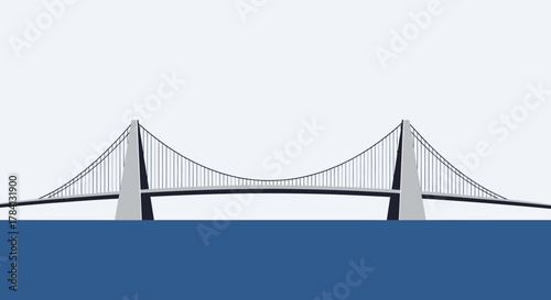 Minimalist illustration of a suspension bridge spanning over water against a plain white background.