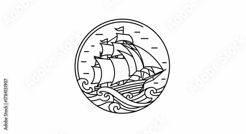 Line art illustration of a sailing ship with full sails navigating wavy waters, enclosed within a circular border.