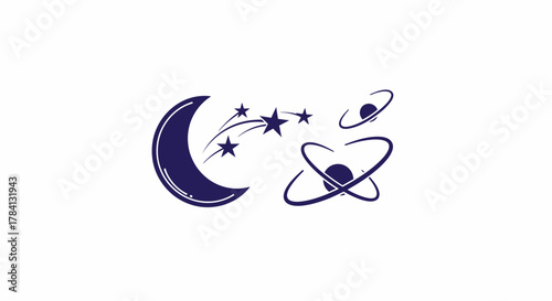 Stylized illustration of a crescent moon with shooting stars and atomic structures, rendered in blue on a white background.