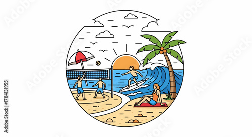 A stylized illustration of a sunny beach scene featuring volleyball players, a surfer riding a wave, and a woman sunbathing under a palm tree.