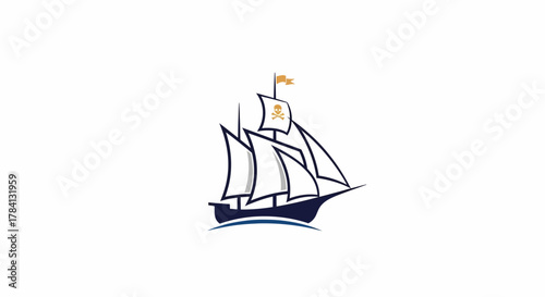 Illustration of a stylized sailing ship with white sails and a dark blue hull, set against a white background. A small yellow flag flies from the mast.