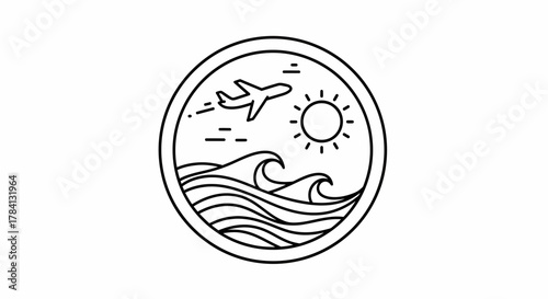 Circular line art illustration of an airplane flying over ocean waves with the sun shining in the sky.
