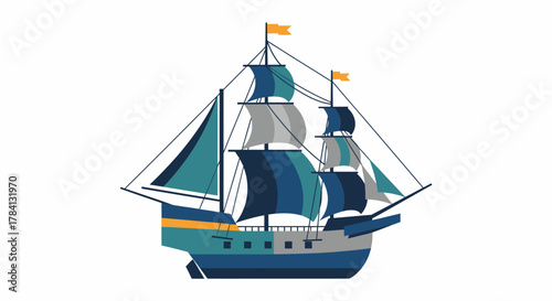 Illustration of a sailing ship with blue and white sails, masts, and yellow flags, isolated on a white background.