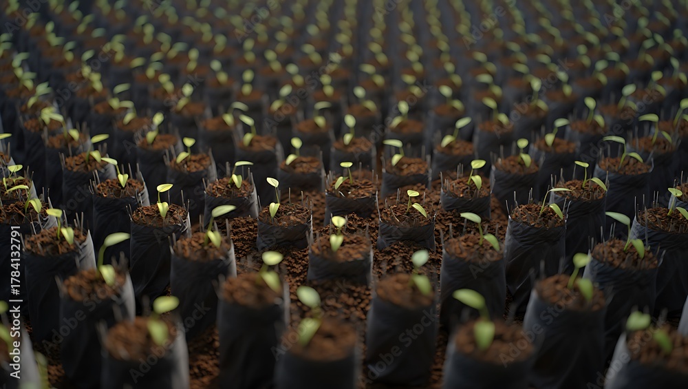 Fototapeta premium Seedlings sprouting in black plastic bags symbolizing new beginnings and growth