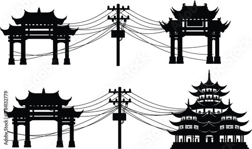 Utility poles with East Asian architecture, vector illustration of gates and pagoda connected by power lines, cultural heritage and modern infrastructure silhouette design concept