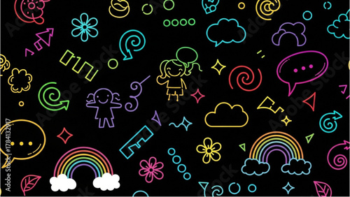 Creative seamless pattern of glowing neon childhood doodles with children, rainbows, and clouds
