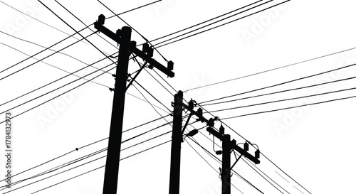 Utility poles with multiple power lines, electricity distribution vector illustration, urban infrastructure