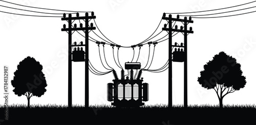 Utility poles with transformer unit, vector illustration of electrical distribution system, power lines and insulators, outdoor energy infrastructure silhouette, industrial electricity grid design