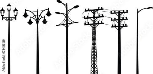 Vector silhouettes of decorative street lamps, modern streetlights, and utility poles with electrical wires, urban and rural infrastructure design illustration for energy and lighting systems