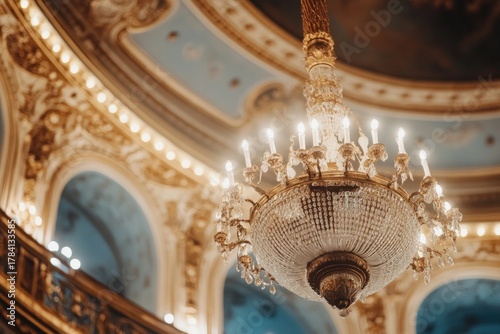 Close-up of vintage opera house ceiling with intricate fresco and chandelier, artistic detail and elegance, clean and professional composition, copy space, natural color, minimalism, stock photography