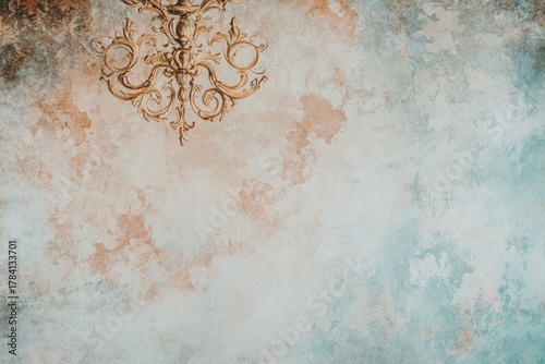 Close-up of vintage opera house ceiling with intricate fresco and chandelier, artistic detail and elegance, clean and professional composition, copy space, natural color, minimalism, stock photography