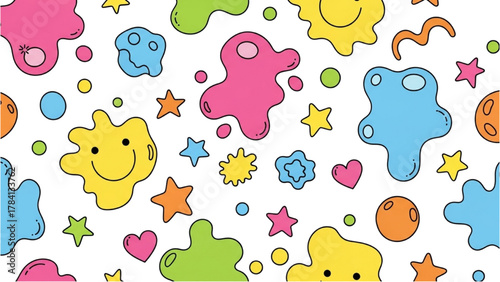 Cheerful background of cute smiling blobs, stars, and hearts in a vibrant seamless pattern